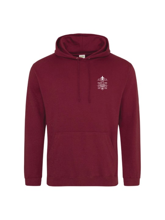 Hoodie burgundy - marquage coeur et dos - logo lycée Marie Curie Versailles - 2025/2026