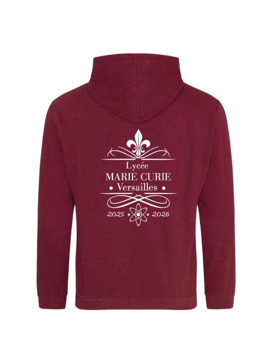 Hoodie burgundy - marquage coeur et dos - logo lycée Marie Curie Versailles - 2025/2026
