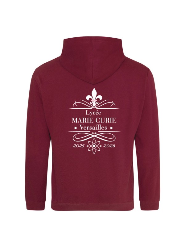 Hoodie burgundy - marquage coeur et dos - logo lycée Marie Curie Versailles - 2025/2026