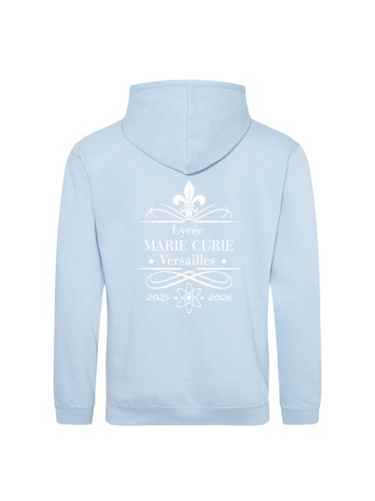 Hoodie ciel - marquage coeur et dos - logo lycée Marie Curie Versailles - 2025/2026