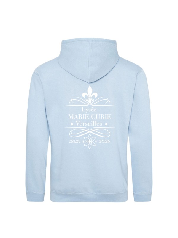 Hoodie ciel - marquage coeur et dos - logo lycée Marie Curie Versailles - 2025/2026