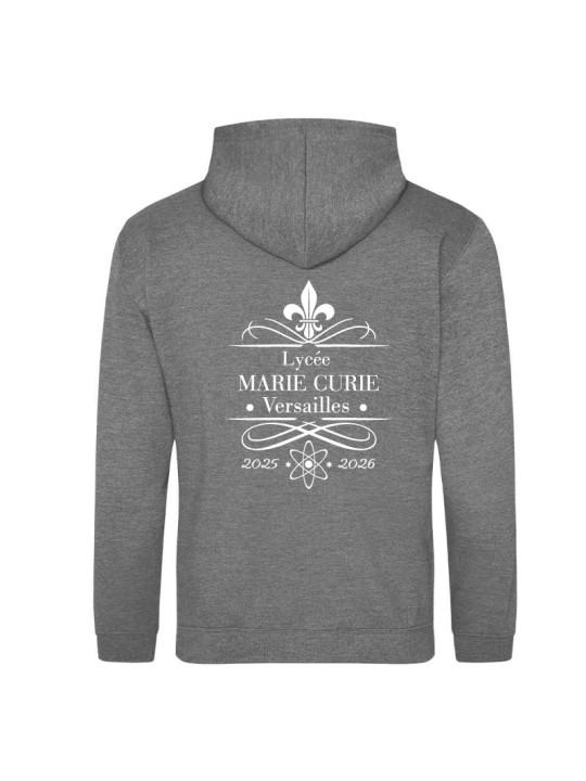 Hoodie graphite heather - marquage coeur et dos - logo lycée Marie Curie Versailles - 2025/2026