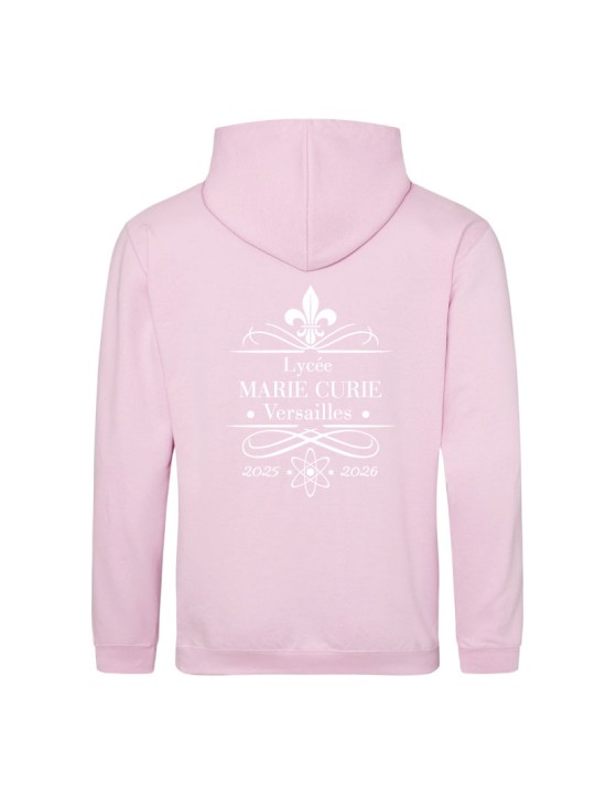 Hoodie baby pink - marquage coeur et dos - logo lycée Marie Curie Versailles - 2025/2026
