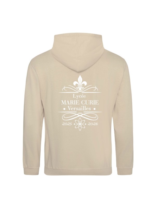 Hoodie sable - marquage coeur et dos - logo lycée Marie Curie Versailles - 2025/2026