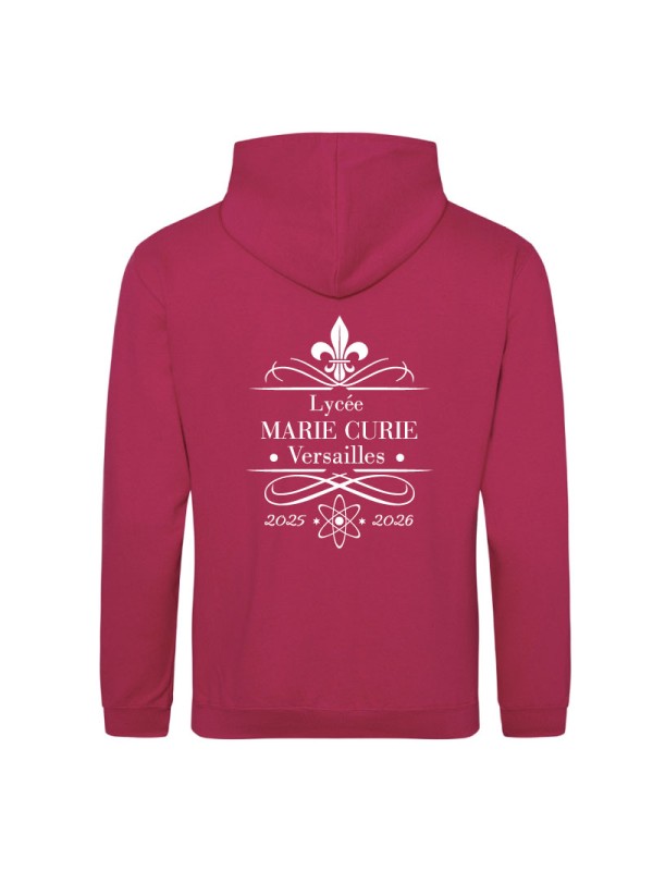 Hoodie cranberry - marquage coeur et dos - logo lycée Marie Curie Versailles - 2025/2026