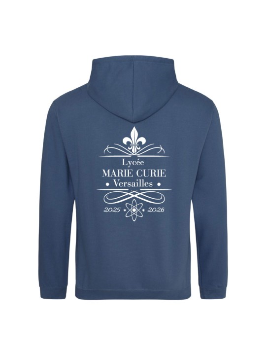 Hoodie air force blue - marquage coeur et dos - logo lycée Marie Curie Versailles - 2025/2026