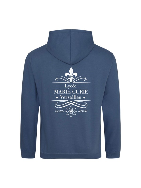 Hoodie air force blue - marquage coeur et dos - logo lycée Marie Curie Versailles - 2025/2026