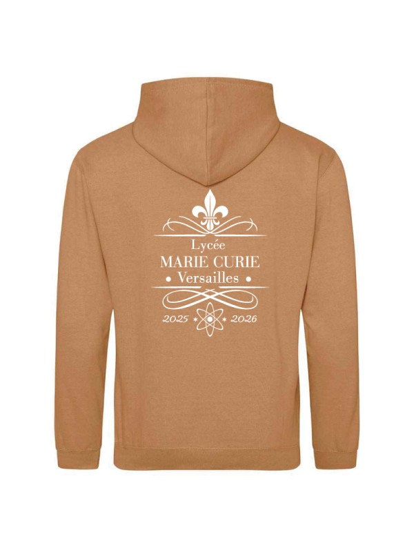 Hoodie caramel latte - marquage coeur et dos - logo lycée Marie Curie Versailles - 2025/2026