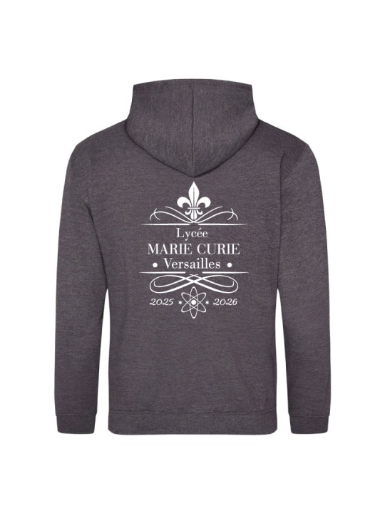 Hoodie charcoal - marquage coeur et dos - logo lycée Marie Curie Versailles - 2025/2026