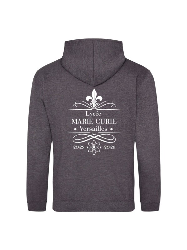 Hoodie charcoal - marquage coeur et dos - logo lycée Marie Curie Versailles - 2025/2026