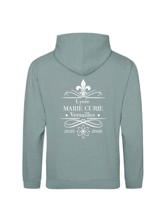 Hoodie dusty green- marquage coeur et dos - logo lycée Marie Curie Versailles - 2025/2026