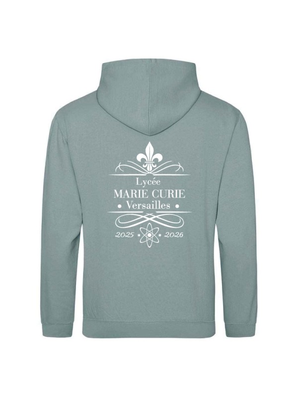 Hoodie dusty green- marquage coeur et dos - logo lycée Marie Curie Versailles - 2025/2026